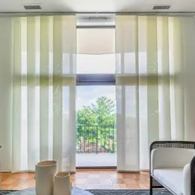 Want an elegant solution for sliding glass doors? Here’s an idea that will inspire you! These are our Sliding Panel Track Blinds—super easy to open and close whenever you want!