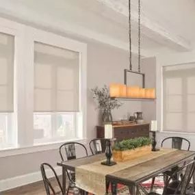 One of the best things about our Solar Shades? You can get them in so many different colors! Match them to just about any color palette—just as we did in this dining space!