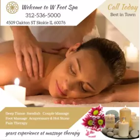 Whether it's stress, physical recovery, or a long day at work, W Foot Spa has helped 
many clients relax in the comfort of our quiet & comfortable rooms with calming music.