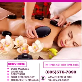 A hot stone massage is a type of massage therapy. It's used to help you relax and ease tense muscles 
and damaged soft tissues throughout your body.