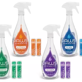 JAWS Home Cleaning Kit includes eco-friendly, reusable bottles and refillable multi-purpose cleaners like Glass Cleaner, Daily Shower Cleaner, Kitchen Cleaner, and Hardwood Floor Cleaner