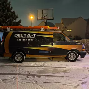 Delta T Heating & Cooling service van, ready to provide furnace repair, heating system maintenance, and emergency HVAC services in Grand Rapids, MI, and surrounding areas, including Northview, Creston, Rockford, and Ada. Keeping homes warm this winter!