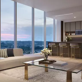 a rendering of a living room with a kitchen and a city view