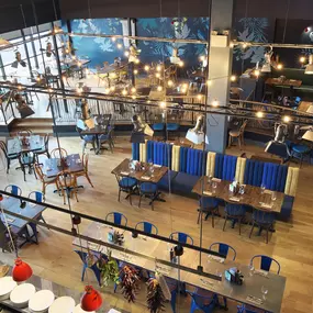Contemporary Italian dining at Zizzi Bexleyheath with bright, welcoming interiors. Fairy lights light up the ceiling, whilst exotic art walls create a captivating backdrop, energising the dining experience.
