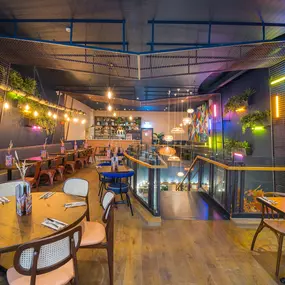 Zizzi Metro Centre, lively interior with vibrant foliage, neon lighting and bold seating.
