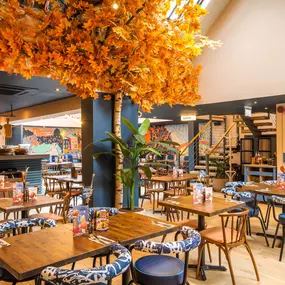 Zizzi Farnham, cozy interior with vibrant murals and hanging orange foliage.