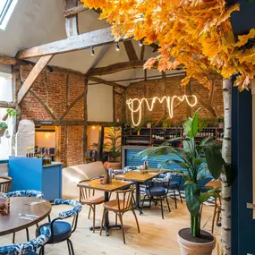 Zizzi Farnham, cozy interior with vibrant murals and hanging orange foliage.