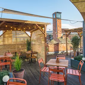 Exterior view of Zizzi Stratford-upon-Avon roof garden with view of RSC.