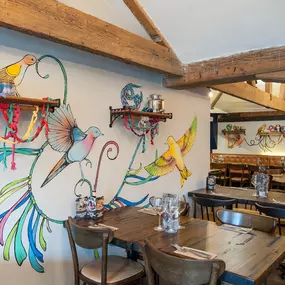 Zizzi Norwich, colourful mural wall and mixed seating styles.