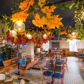 Zizzi Hereford, vibrant dining with hanging ceiling foliage and warm lighting.