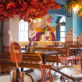 Zizzi Hereford, vibrant dining with hanging ceiling foliage and warm lighting.