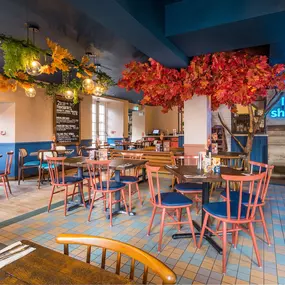Zizzi Hereford, vibrant dining with hanging ceiling foliage and warm lighting.