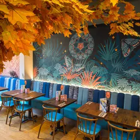 Zizzi Exeter, modern interior with hanging ceiling decor and foliage, and classy wall murals surround the restaurant walls.