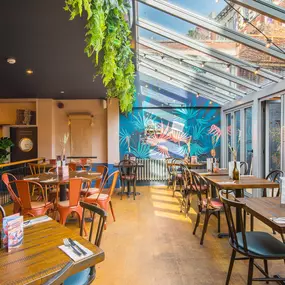 Zizzi Exeter, modern interior with hanging ceiling decor and foliage, and classy wall murals surround the restaurant walls.