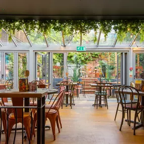 Zizzi Exeter, modern interior with hanging ceiling decor and foliage, and classy wall murals surround the restaurant walls.