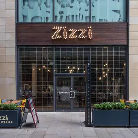 Exterior view of Zizzi Bradford located inside Union Square shopping centre.