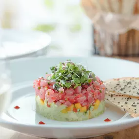 Ahi Tuna Tartare—handline tuna, wasabi-avocado mousse, tropical salsa