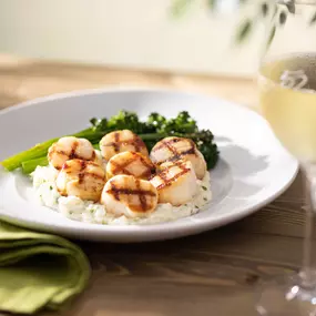 Caramelized Grilled Sea Scallops - broccolini, mascarpone risotto