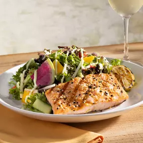 Sesame Grilled Salmon Salad- organic greens, mango, jicama, lemongrass sauce, toasted sesame dressing