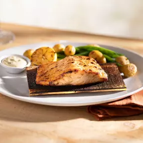 Cedar Plank -Roasted Salmon with french green beans, marble potatoes and dill-mustard sauce