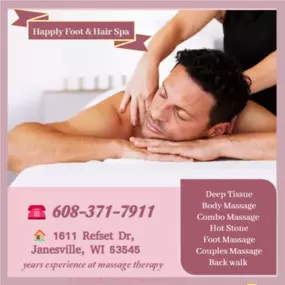 The full body massage targets all the major areas of the body that are most subject to strain and
discomfort including the neck, back, arms, legs, and feet. 
If you need an area of the body that you feel needs extra consideration, 
such as an extra sore neck or back, feel free to make your massage therapist aware and
they will be more than willing to accommodate you.