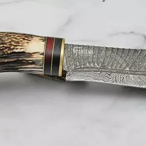 Antler handle Damascus large fixed blade knife from Faneema Cutlery