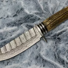 Antler handle Damascus large fixed blade knife from Faneema Cutlery