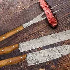 Grill Master | BBQ Knife Set | Damascus Steel Blade | Olive Wood Handle