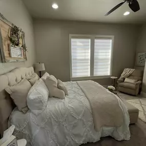 Enhance your bedroom with versatile layered shades from GrandView Blinds & Design. Offering flexible light control and privacy options, these window treatments add both style and functionality.
