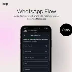 WhatsAppFlow: Smarte Kundenkommunikation mit LoopOS
Mit LoopOS, dem Tool der loop agency, automatisieren Sie Ihre Kundenkommunikation dank WhatsAppFlow. Der KI-gesteuerte Bot kombiniert die Leistungsfähigkeit von WhatsApp mit ChatGPT, um personalisierte und schnelle Antworten zu liefern.

WhatsAppFlow arbeitet rund um die Uhr, qualifiziert Leads, liefert relevante Informationen und reduziert den manuellen Aufwand. Die Lösung verbessert Reaktionszeiten, steigert die Kundenzufriedenheit und ist fü