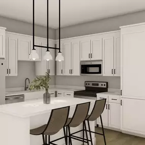 Kitchen with Island, white cabinetry, and stainless steel appliances