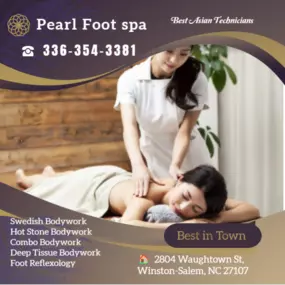 Whether it's stress, physical recovery, or a long day at work, Pearl Foot Spa has helped 
many clients relax in the comfort of our quiet & comfortable rooms with calming music.