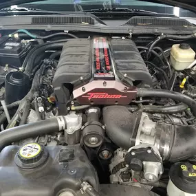 Featuring a Fast intake manifold, aftermarket throttle body, and various performance components. Visible hoses, wiring, coolant reservoir, and battery.