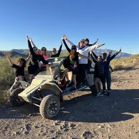 This lively group is celebrating with an unforgettable bachelorette party adventure on an ATV tour with Desert Wolf Tours! Enjoying the beautiful Arizona desert, they’re making memories that will last a lifetime on this thrilling ride.