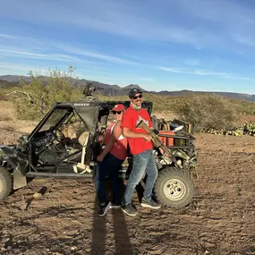 This duo is ready for an unforgettable adventure on an ATV tour and adventure with Desert Wolf Tours! Surrounded by the stunning Arizona desert, they’re all set for a day filled with excitement and exploration.