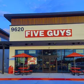 Exterior photograph of the Five Guys restaurant at 9620 Fry Road in Cypress, Texas.