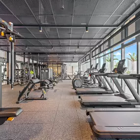 State-of-the-art fitness center with cardio and strength training equipment, featuring city views.