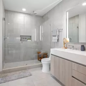 A modern, spacious bathroom featuring a walk-in shower, sleek vanity with integrated lighting, and high-end fixtures.