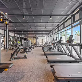 A spacious and well-equipped gym featuring a variety of cardio machines like treadmills and ellipticals, as well as strength-training equipment.