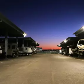 RV and boat storage with night lighting in West Sacramento, CA