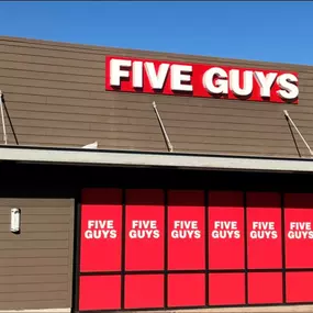 Exterior photograph of the Five Guys restaurant at 3747 Central Highway in Riverside, California.