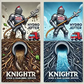 A detailed illustration of the Knight Rooter mascot using a hydro jetting tool to clear a sewer line. The image showcases a before-and-after comparison of a blocked sewer filled with dirt and debris versus a clean, flowing sewer.