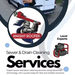 This image showcases Knight Rooter Sewer & Drain Cleaning Services with a focus on expert drain cleaning, hydro jetting, camera inspection, and trenchless repair. The clean, professional design emphasizes their local expertise and reliability.