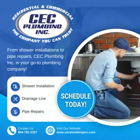 At CEC Plumbing Inc., we're proud to be the local go-to licensed plumbers serving Davie, Plantation, Fort Lauderdale, Tamarac, and the surrounding South Florida area. Our skilled team specializes in comprehensive plumbing services for both residential and commercial clients, including drain cleaning, leak detection and repair, water heater installation, video sewer inspections, and 24/7 emergency plumbing solutions. We are committed to delivering prompt and reliable service to South Florida, wit