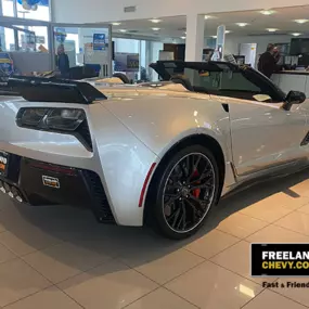 Rear view of a Chevy Corvette at Freeland Chevrolet