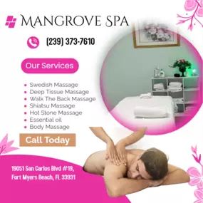 Whether it's stress, physical recovery, or a long day at work, Mangrove Spa has helped 
many clients relax in the comfort of our quiet & comfortable rooms with calming music.