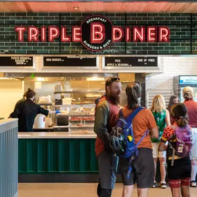 A group enjoys breakfast before mountain biking at Triple B Diner at Tamarack Resort, located in Donnelly Idaho.
