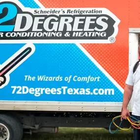 A 72 Degrees Texas tech standing next to the 72 Degrees Texas box truck