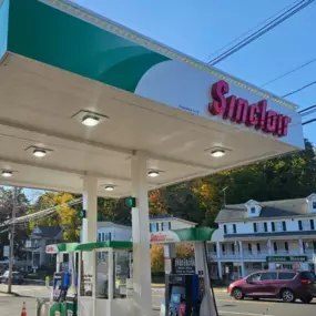 Sinclair gas station and fueling island.