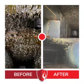 Before and After image of a restaurant exhaust system before being cleaned and after being cleaned by Allstate Texas, LLC.